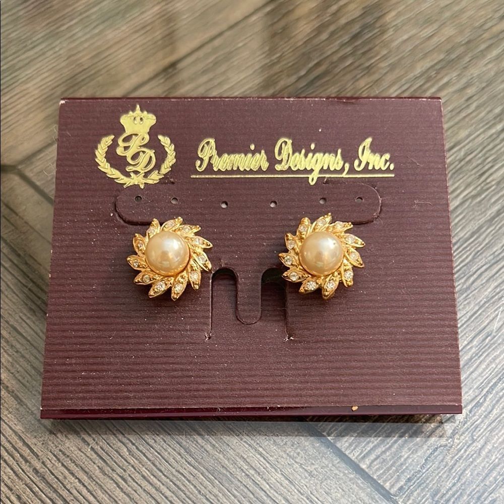 Vintage Premier Splendor Rhinestone Framed Faux Pearl Earrings